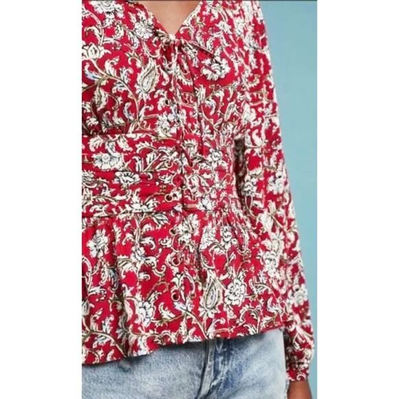 Feather Bone x Anthropologie Womens Latrobe Floral Lace Up Smocked Peplum Blouse - Picture 3 of 10